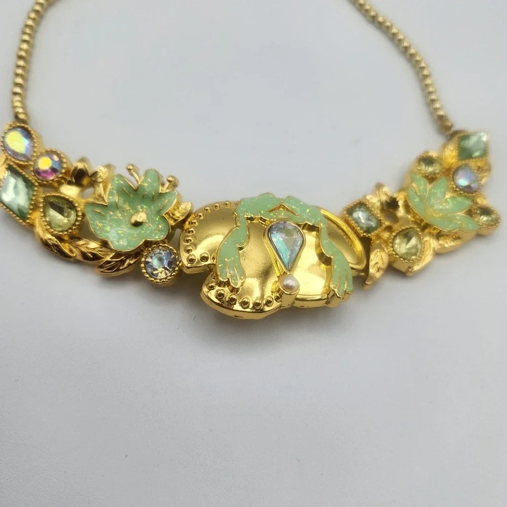 Disney Store Princess Tiana Gold Tone Green Enamel Rhinestone Statement Necklace